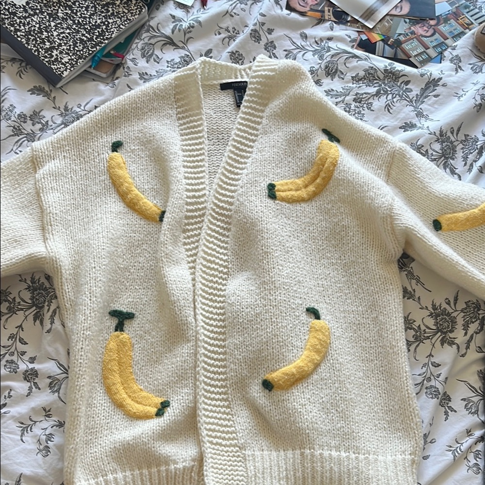 Cream Cardigan with Yellow Banana Patches